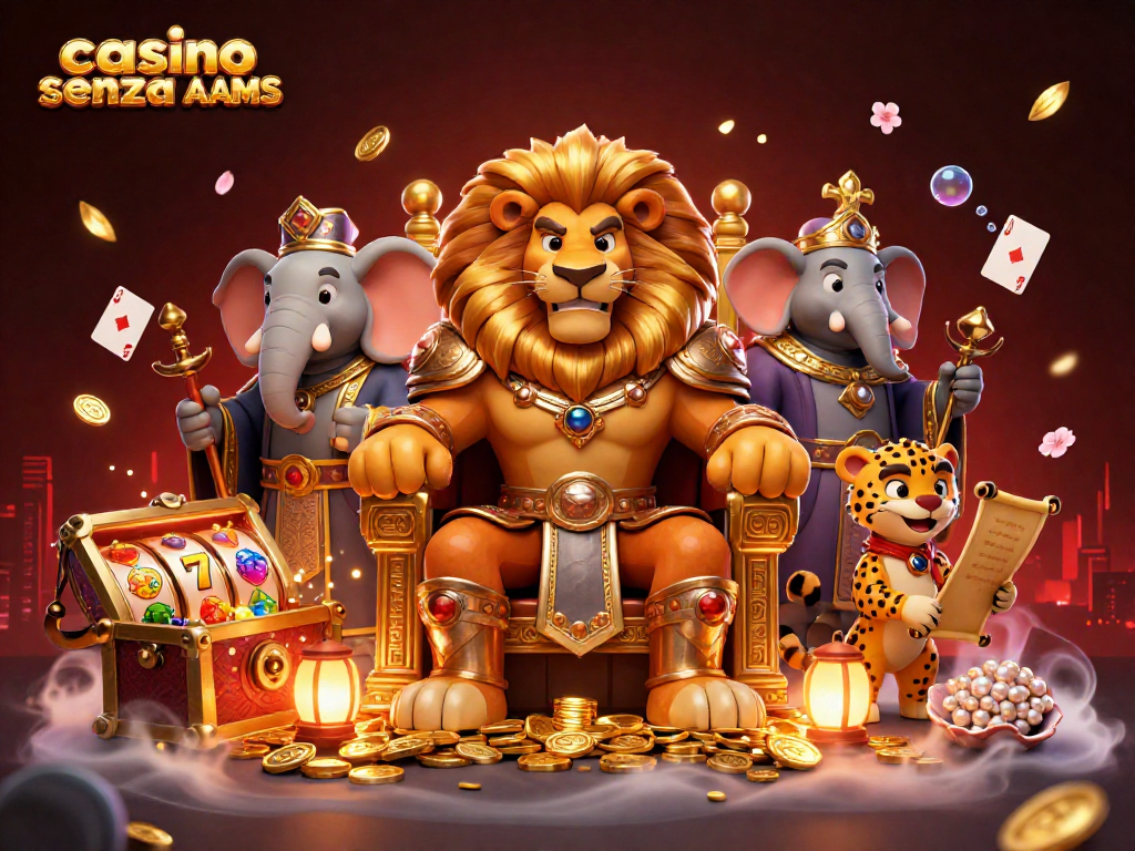 Gioca nel casino senza AAMS con un leone re su un trono di monete d'oro circondato da avventure.