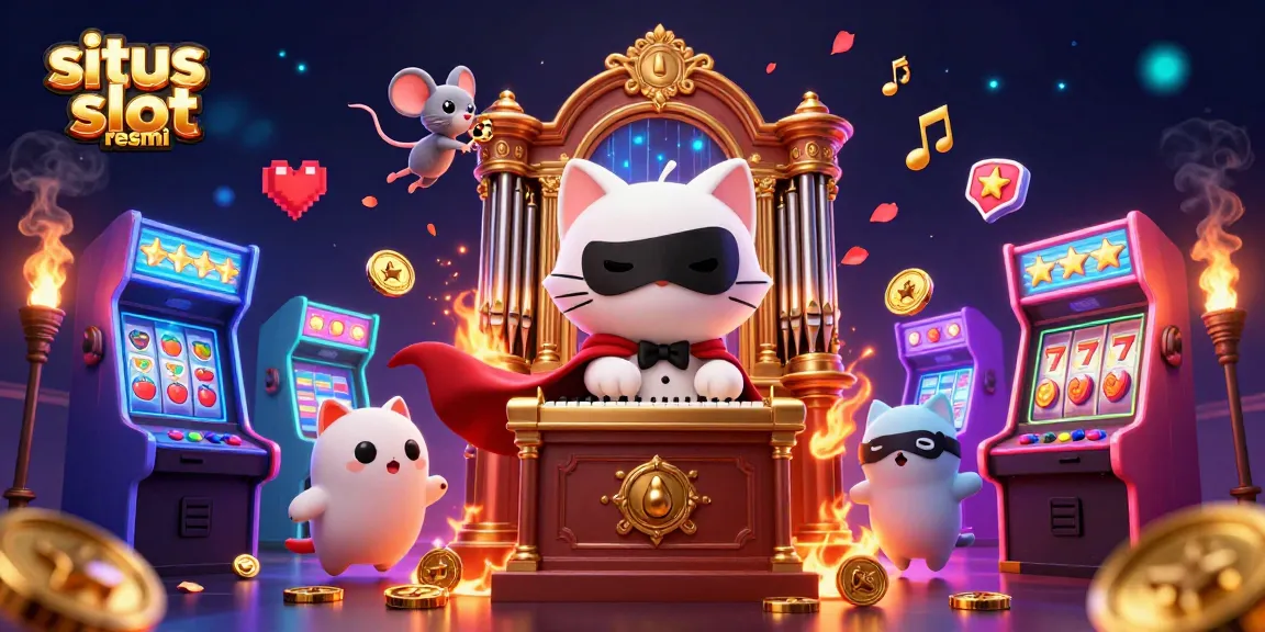 Engage with situs slot resmi in a vibrant 3D casino scene featuring a charming white cat on an ornate organ.