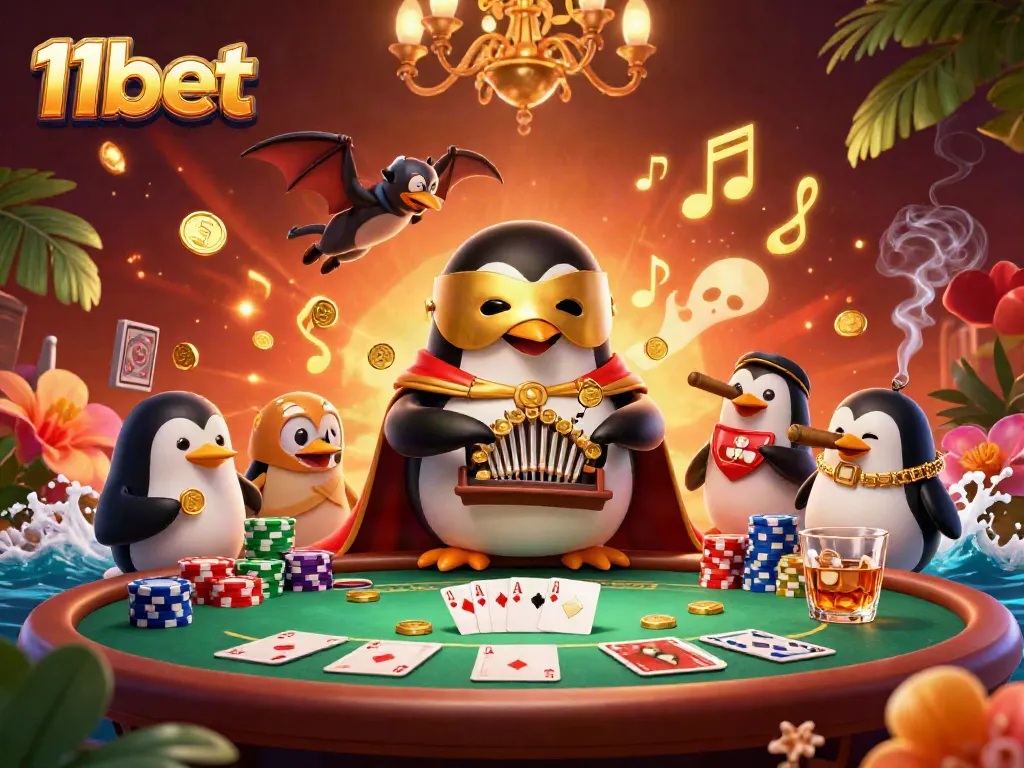 Experience thrilling gameplay with 11bet's vibrant casino scene showcasing a penguin playing organ and poker elements.