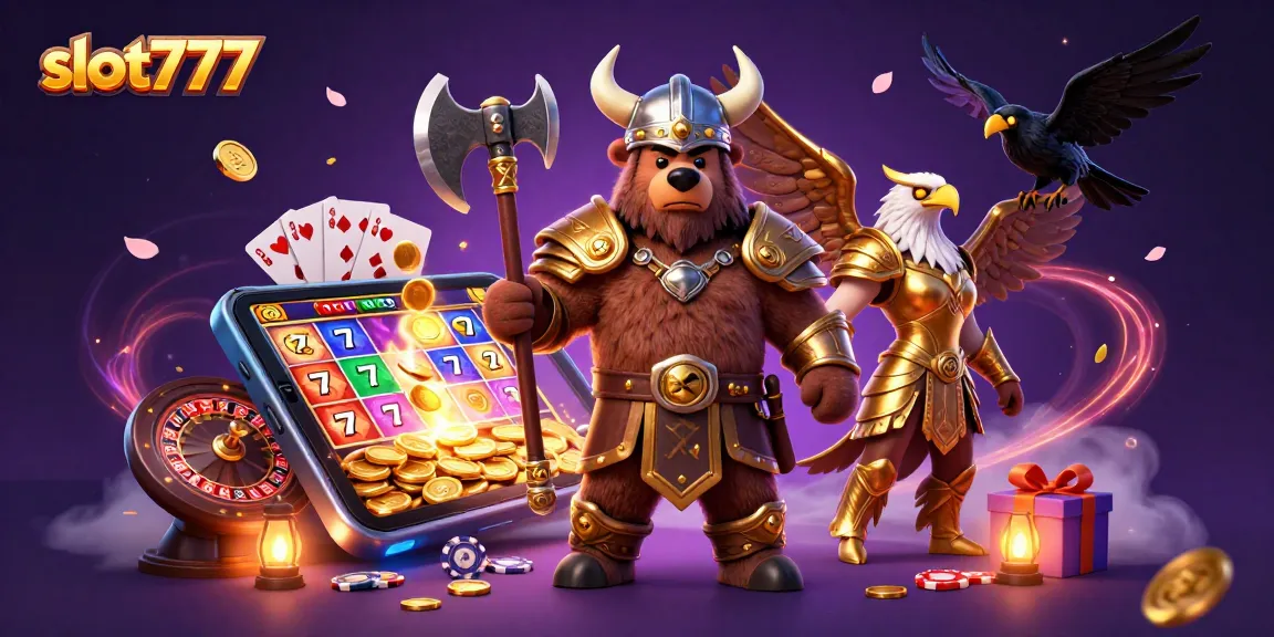 Engage in thrilling slot777 gameplay with a Viking bear and Valkyrie eagle amid vibrant casino elements.