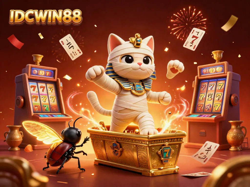 Experience the excitement of IDCWIN88 with a lively mummy cat emerging from a gold sarcophagus in a vibrant casino.