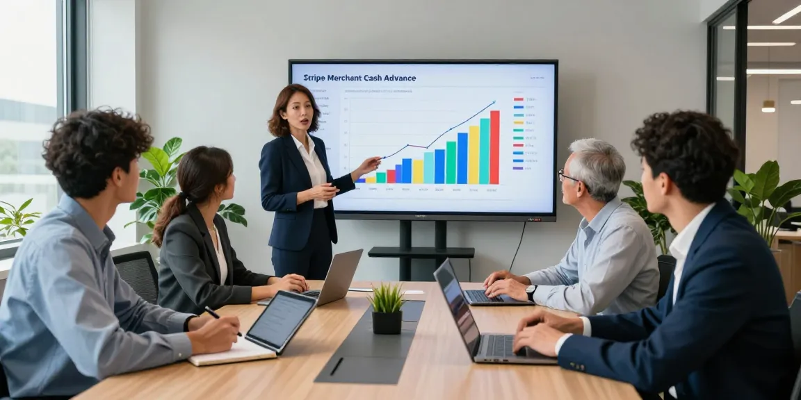 Diverse team discussing financial strategies for a Stripe merchant cash advance in a modern conference room.