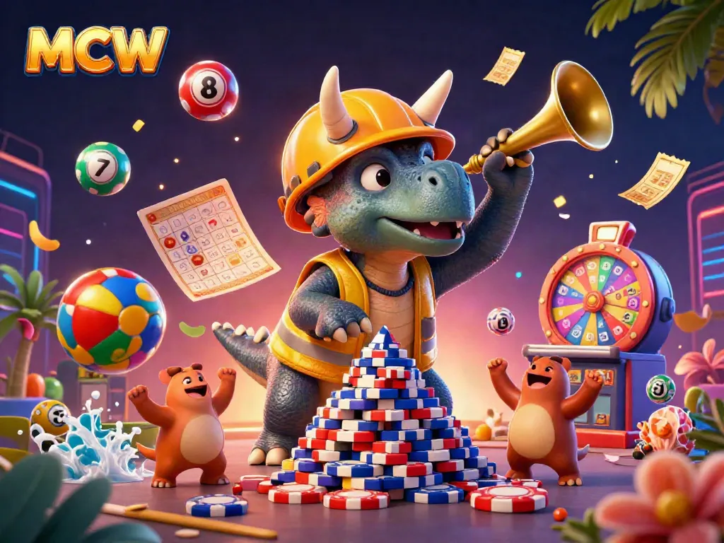 MCW's vibrant casino scene showcases a triceratops stacking poker chips amid a celebration of games.