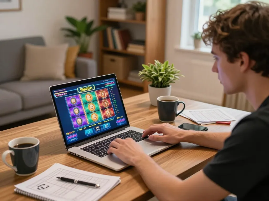 A player engaging with the 58wiin online slots interface at home, showcasing a strategic gambling setup.
