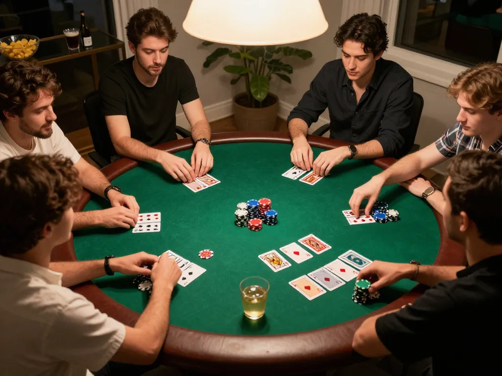 Players engaged in a lively poker game at home, showcasing proverbsafrica gaming strategies and social interaction.