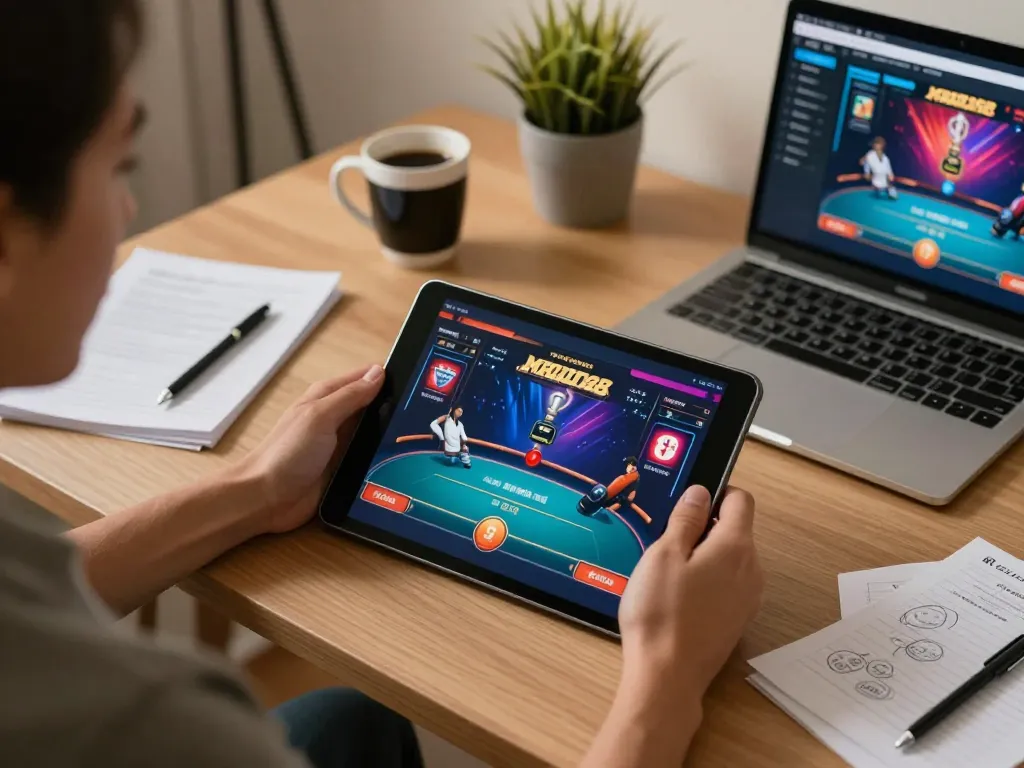 Engaging scene of user enjoying mantra88 poker game on tablet, showcasing strategic betting in cozy home setting.