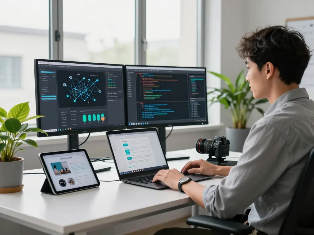 快连 users enjoying enhanced network speeds in a modern workspace with tech gadgets and coding screens.
