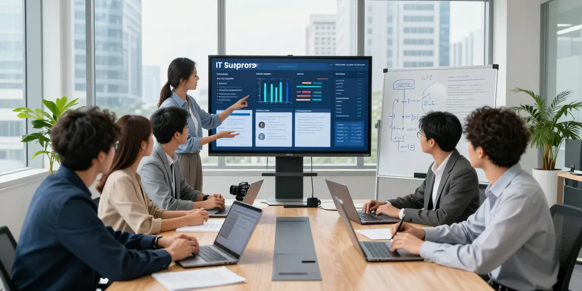 Diverse team collaborating on IT business support solutions in modern office environment.