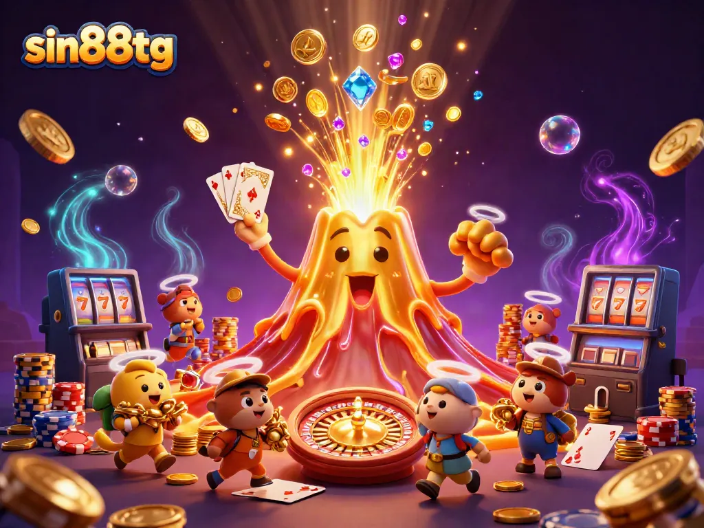 Experience the thrill of sin88tg with a vibrant erupting volcano bursting gems and coins