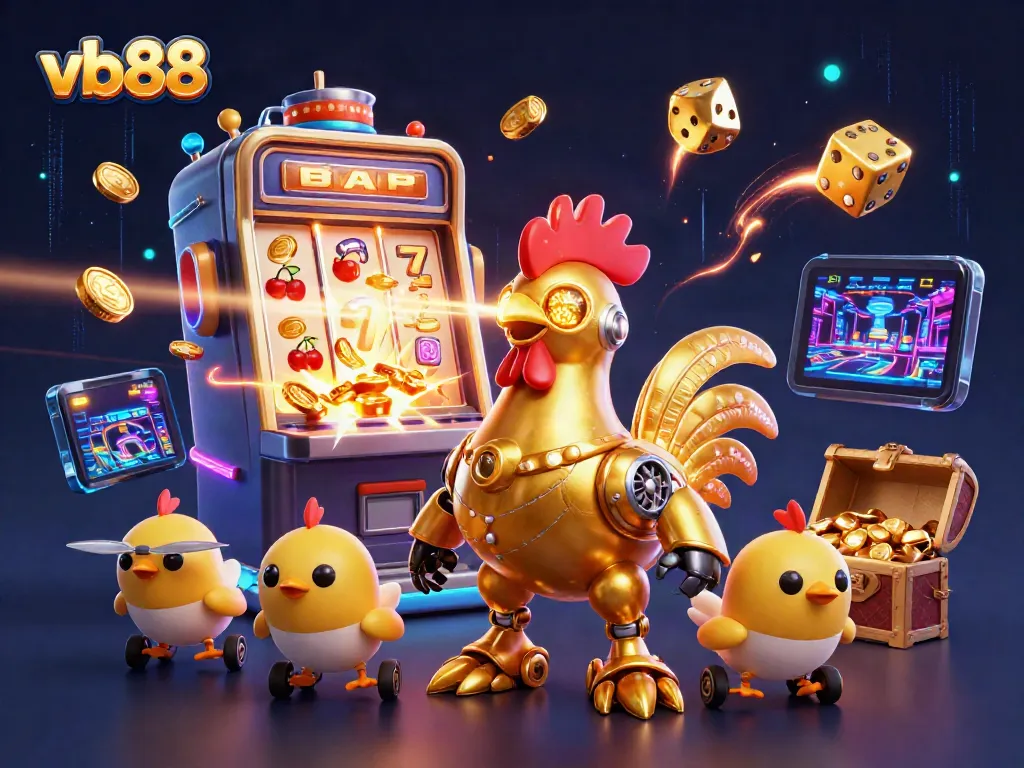 Engage with the exciting world of vb88's casino games featuring a dynamic golden rooster robot amidst jackpots.