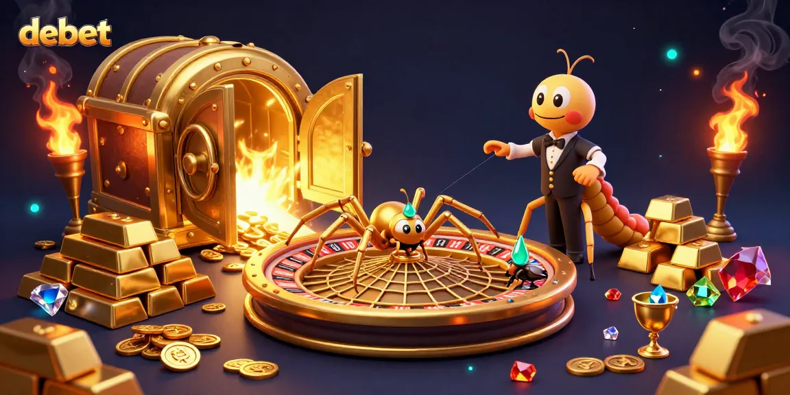 Place bets at the roulette wheel with debet amid treasures in this vibrant 3D casino scene.