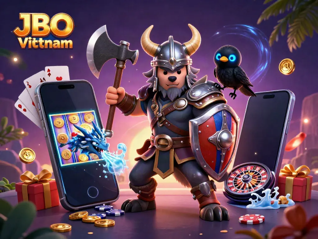 Experience the thrilling world of JBO Vietnam with a fierce Viking wolf warrior, dragon, and casino games illustration.