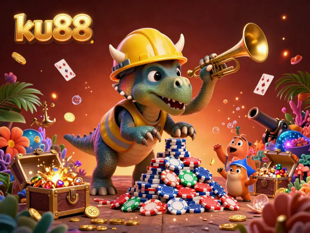 Experience the excitement at ku88 with a 3D illustration of a triceratops and friends celebrating at a vibrant casino.