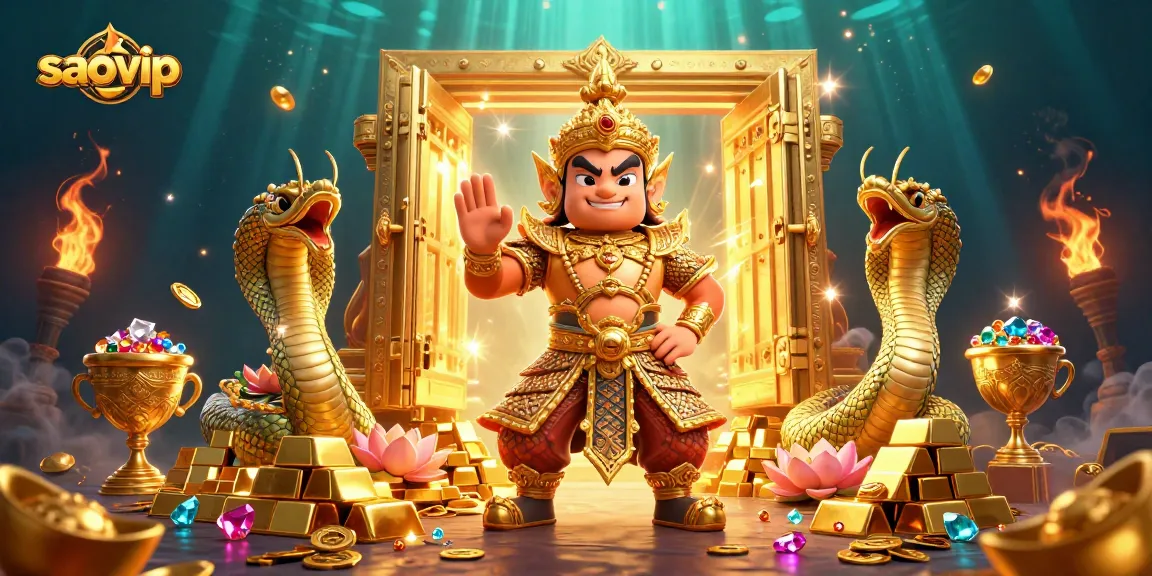 saovip showcases an enchanting 3D casino scene with a temple guardian and golden treasures