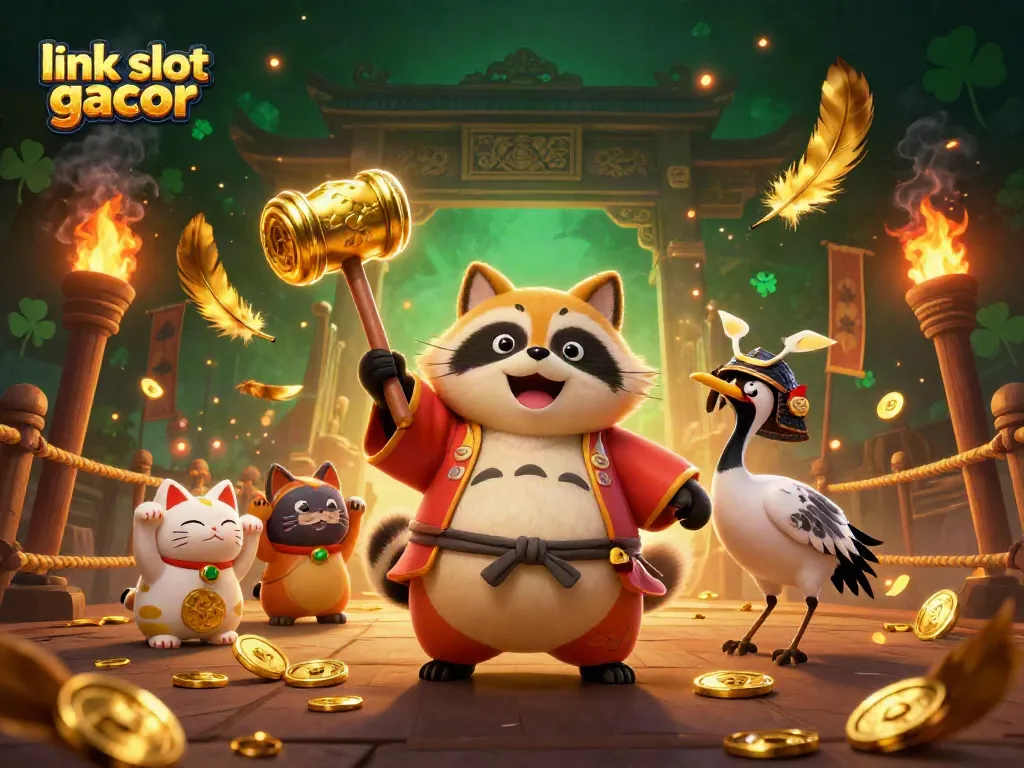 Experience the excitement of link slot gacor with cheerful tanuki and friends in a vibrant casino setting.