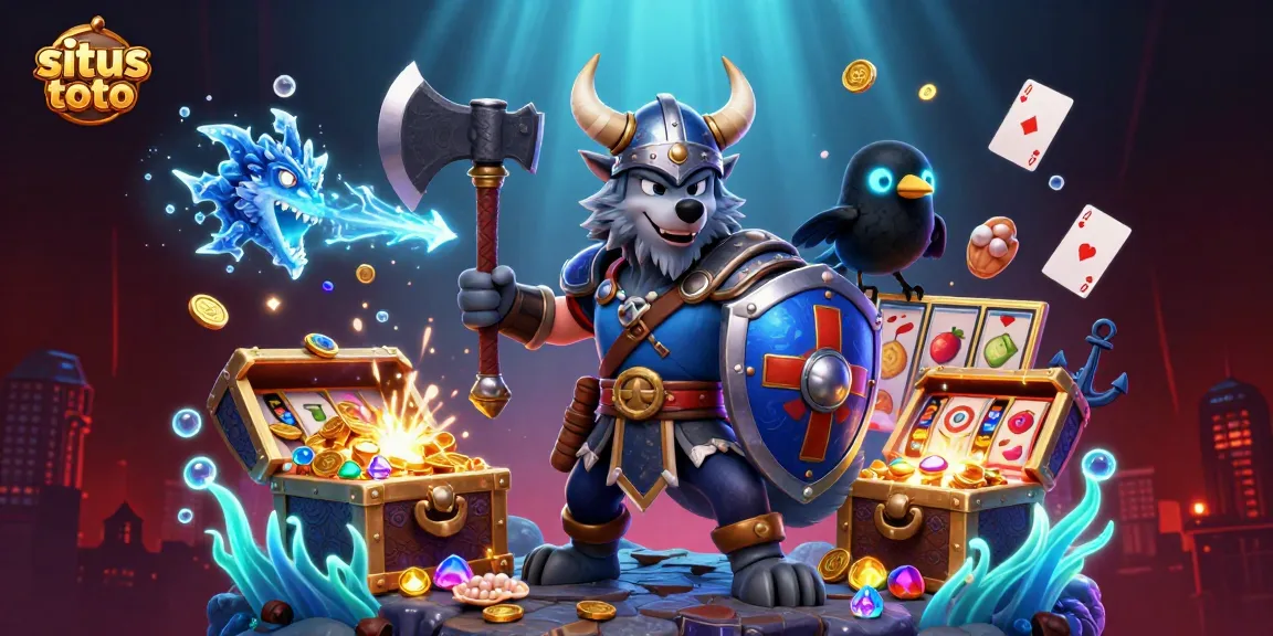 Situs toto brings excitement as a Viking wolf warrior battles for jackpots in a vibrant 3D casino scene.