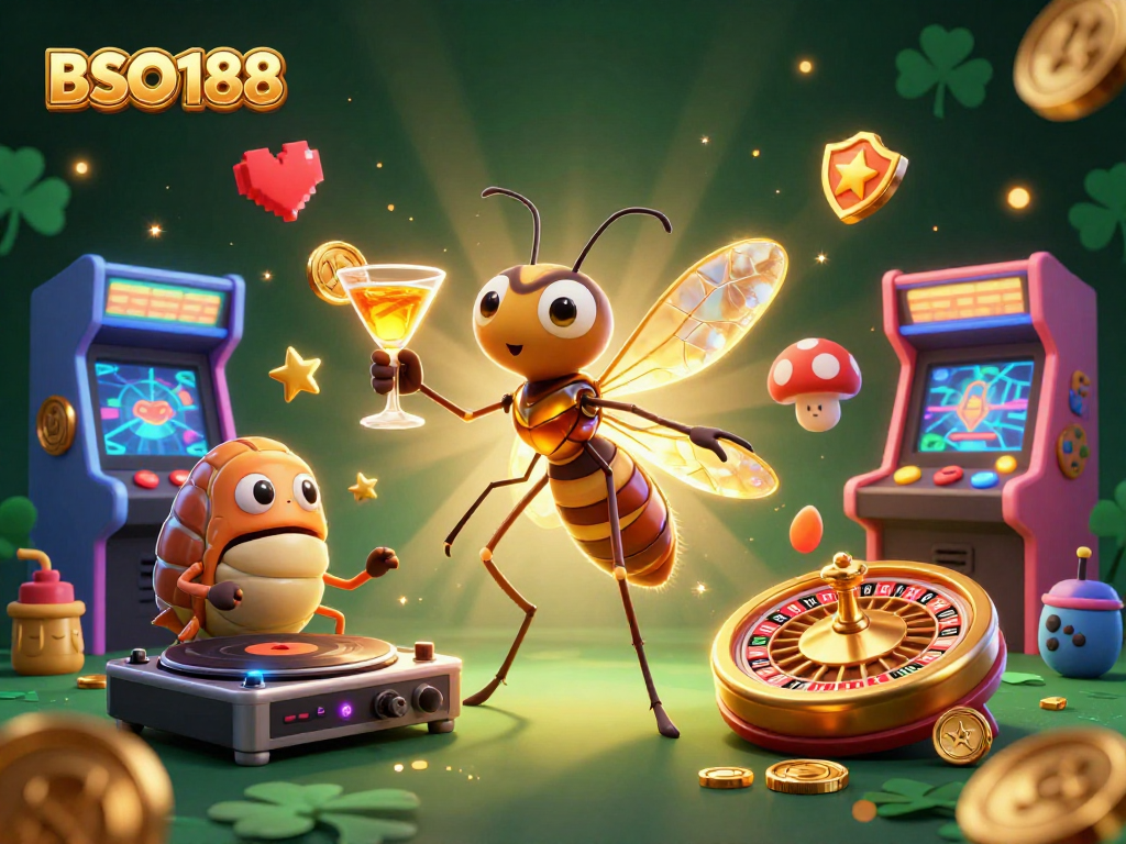 Engage with the thrilling world of BSO188 at the dynamic casino-themed digital illustration featuring vibrant characters and game elements.