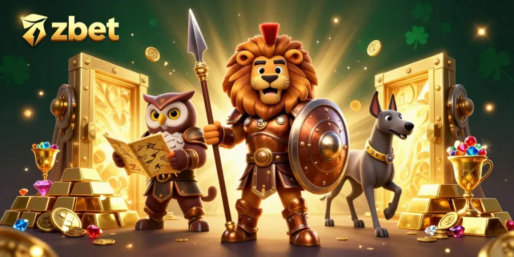 Experience thrilling gameplay at zbet with a dynamic 3D illustration highlighting a Spartan lion and treasures.