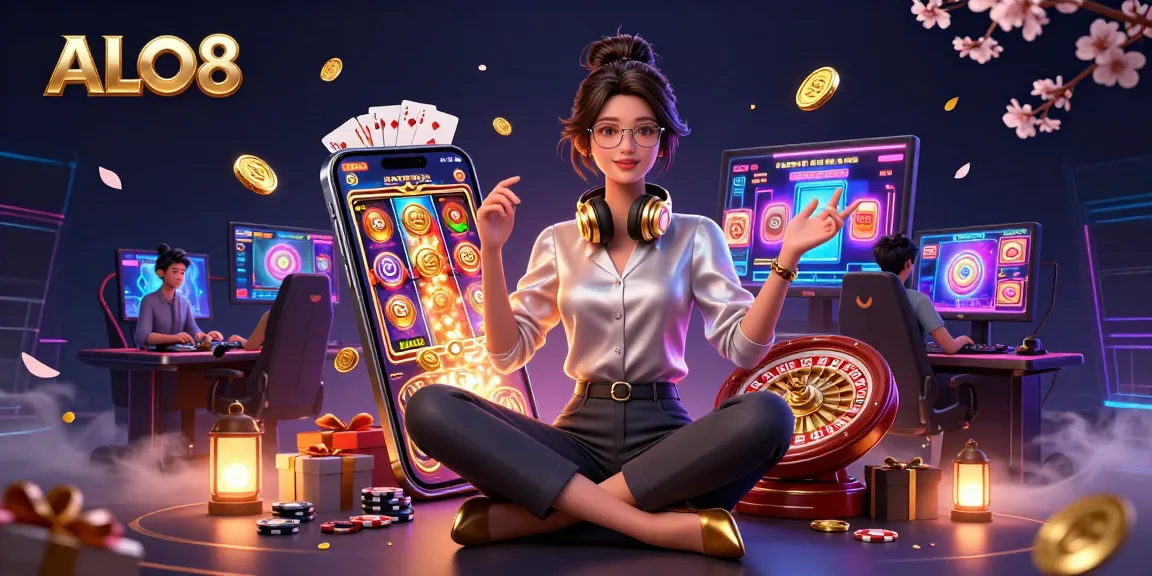Experience excitement with ALO8 as elegant Asian women game at high-tech casino setup.