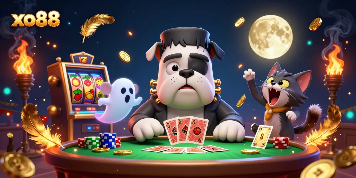 Engage with xo88 at a lively 3D casino table, featuring a Frankenstein bulldog and whimsical elements.