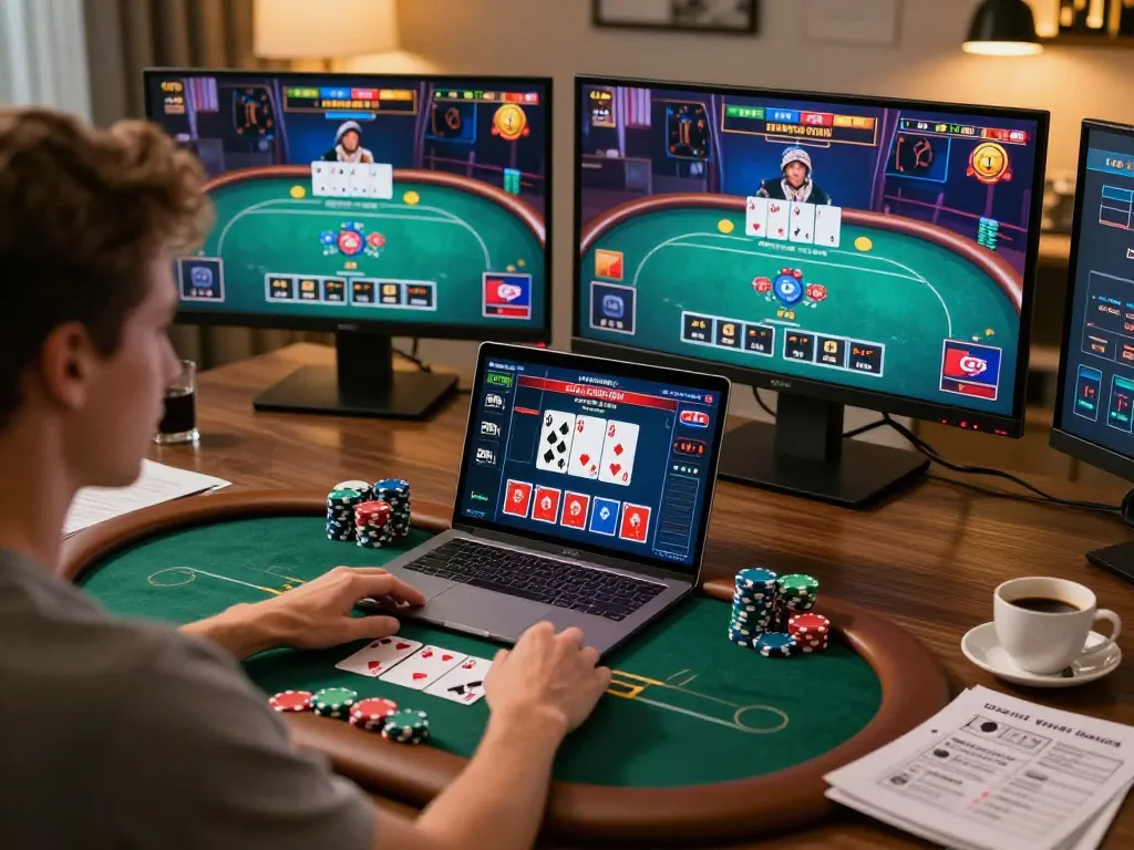 Person playing a strategic online poker game with shopshela on their laptop, showcasing engaging gameplay.