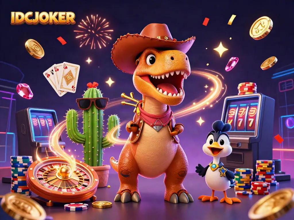 IDCJOKER cartoon characters celebrating with coins and gems in a vibrant casino scene.