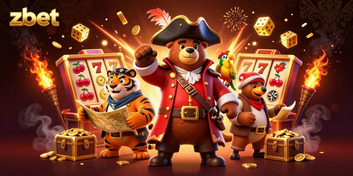 Experience thrilling zbet action with a pirate captain bear and tiger at a vibrant casino scene.