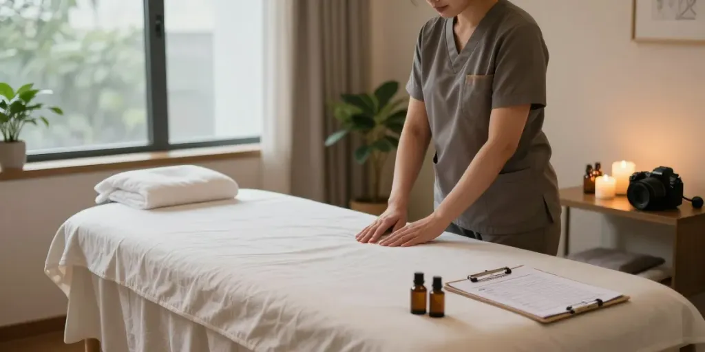부평출장안마 session in a serene massage room featuring a relaxing atmosphere with calming elements.