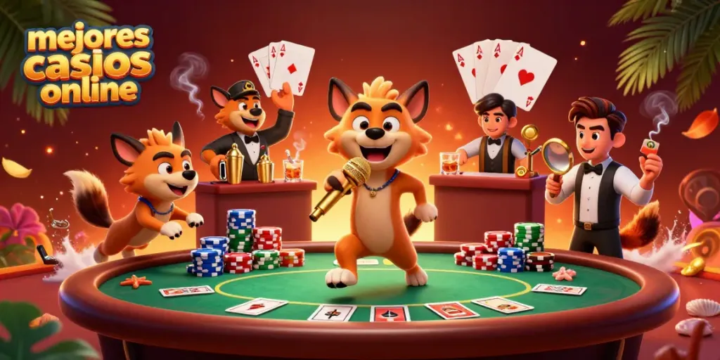 Descubre los mejores casinos online mientras disfrutas de una animada ilustración de un club de comedia lleno de acción.
