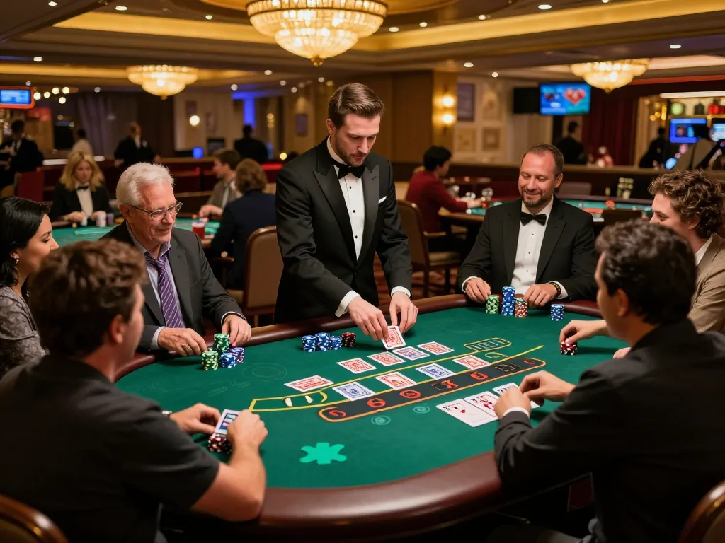 Players enjoy a thrilling blackjack game at vegasslot77's luxurious casino table with rich decor.