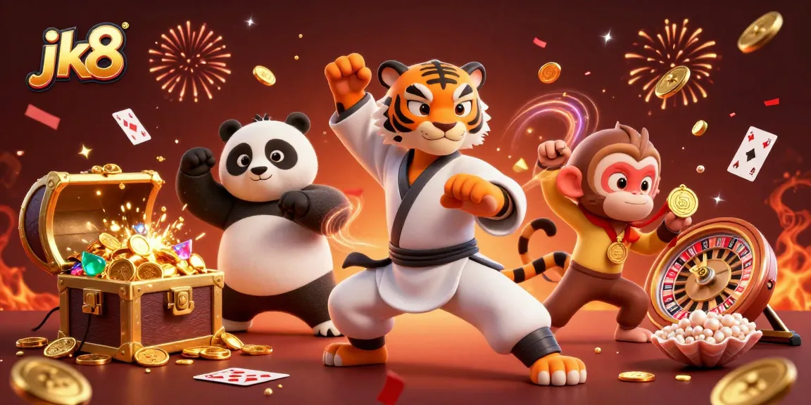 Engage with exciting jk8 casino games amidst vibrant 3D characters and dynamic slot elements.