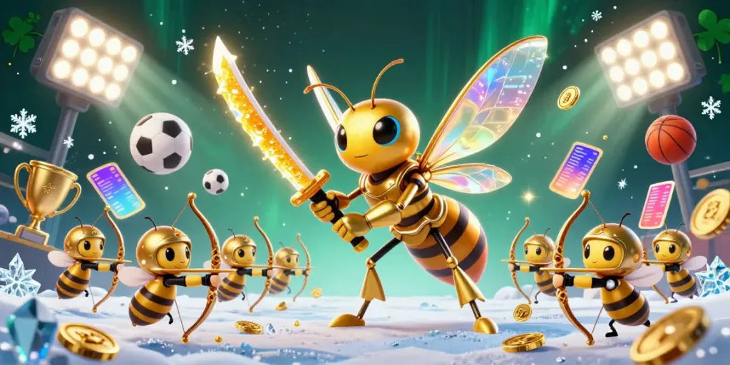 Engage with debet's vibrant casino scene featuring a golden hornet and sports elements in action.