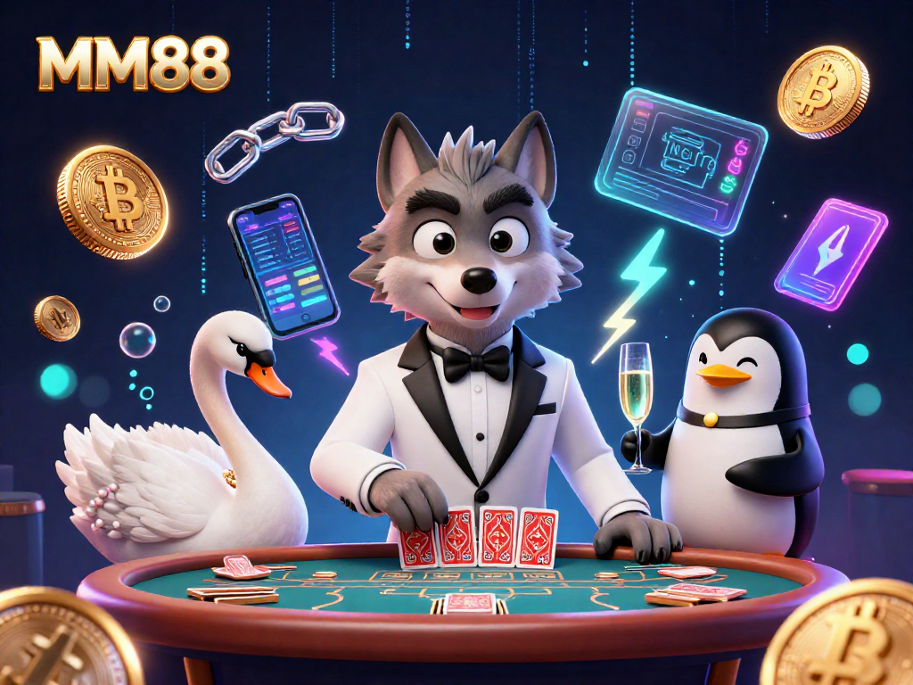 Experience the excitement of MM88 with a dazzling casino scene featuring key characters and crypto elements.