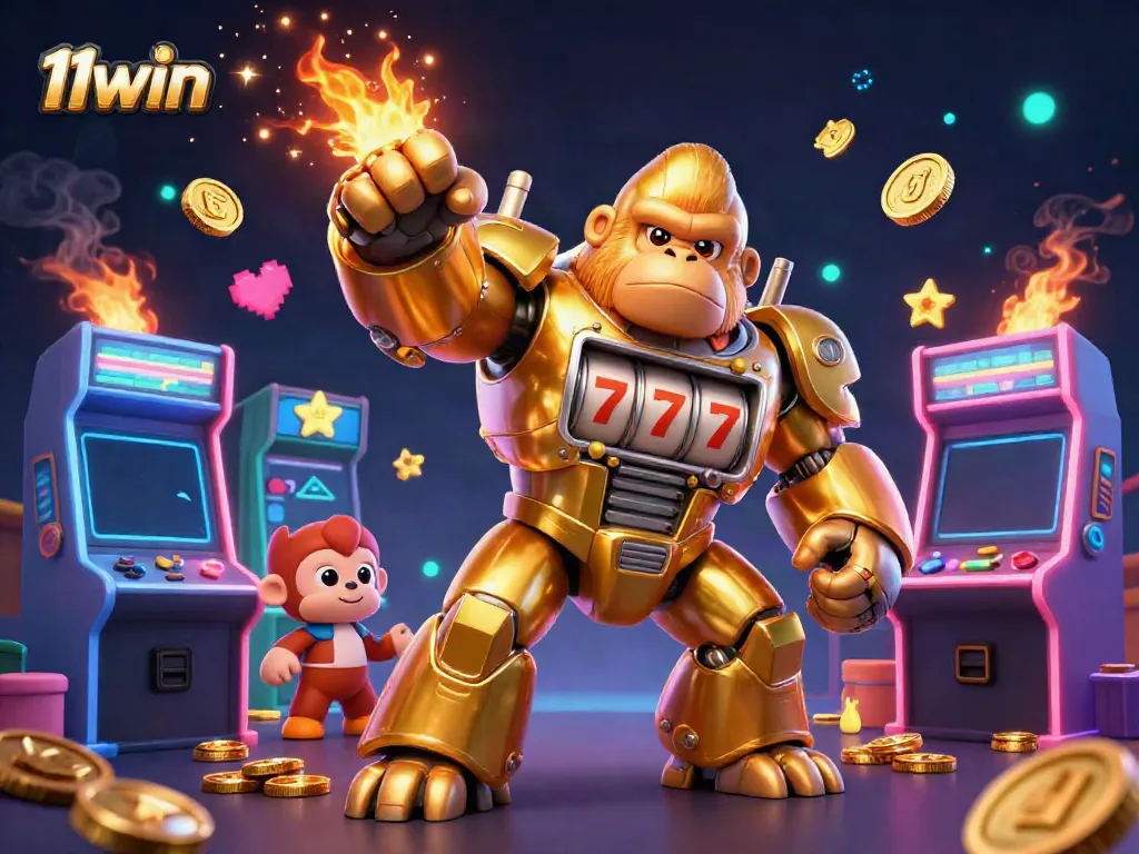 Play exciting casino games with 11win's animated golden gorilla mech surrounded by vibrant elements.