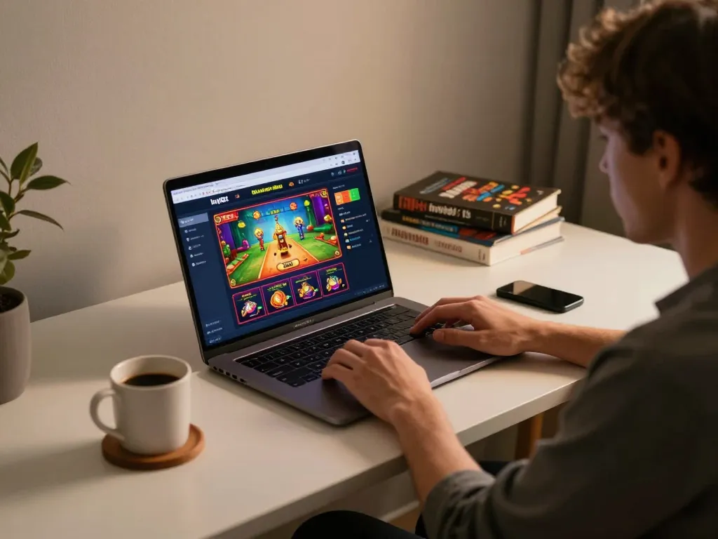 Gamer engaging with hay88x online casino interface on a laptop at home.