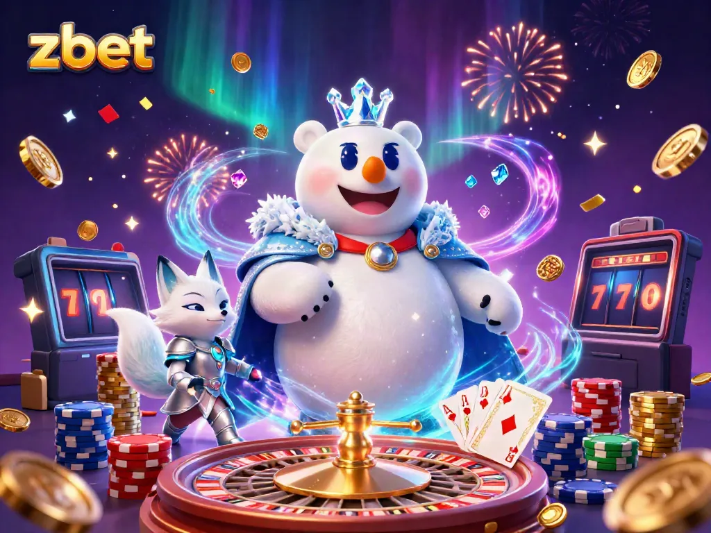 Experience thrilling gameplay at Zbet with a cartoon ice king polar bear, exciting casino elements, and sparkling coins.