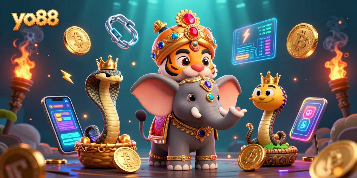Engage with yo88's vibrant casino experience, featuring a dynamic scene of a majestic tiger, elephant, and treasures.