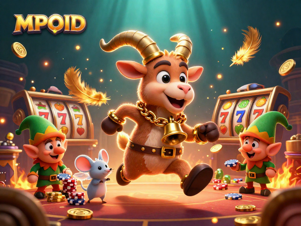 MPOID casino scene featuring Krampus, angel mouse, and elf gremlins amidst vibrant gambling elements.