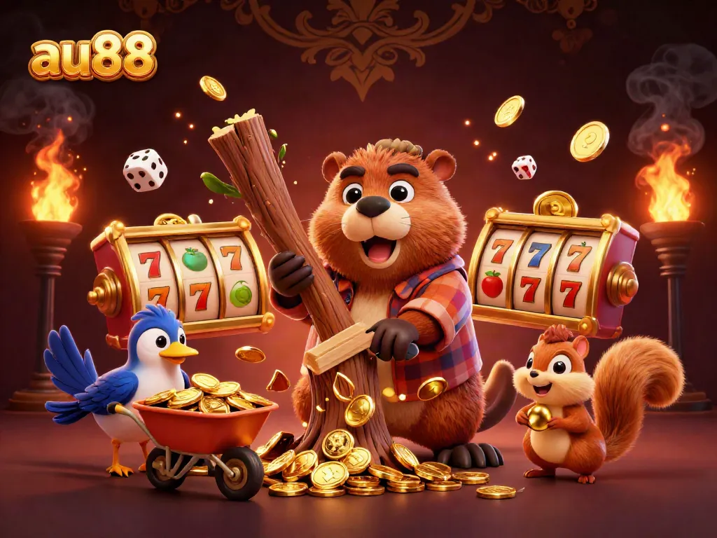 Engaging scene of playful characters enjoying the online gaming experience at au88, with vibrant elements and gold coins.