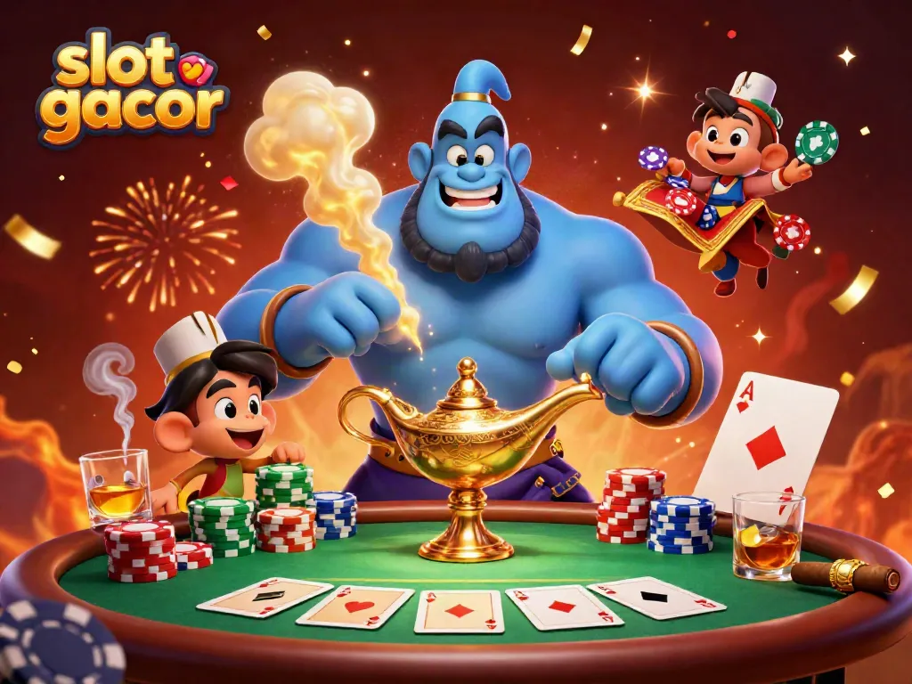 Experience the magic of slot gacor with a lively genie and monkey amidst poker chips and colorful celebration.