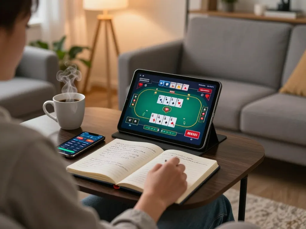 Engaging in a game online on a tablet, showcasing poker strategies and bankroll management.