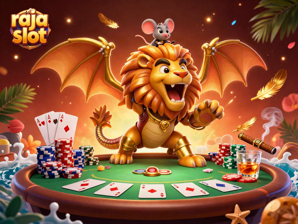 Experience the excitement of raja slot with mesmerizing 3D casino art featuring a majestic chimera and poker elements.