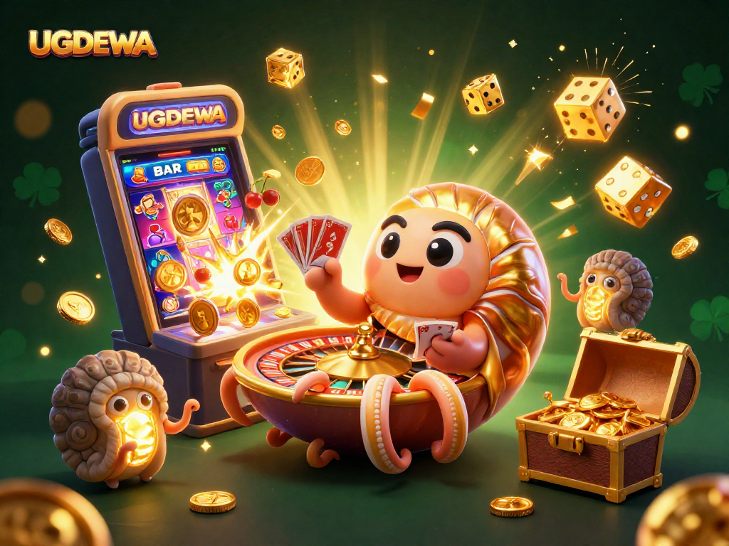 UGDEWA engages players with a vibrant casino scene featuring a nautilus roulette wheel and dynamic slot machine.