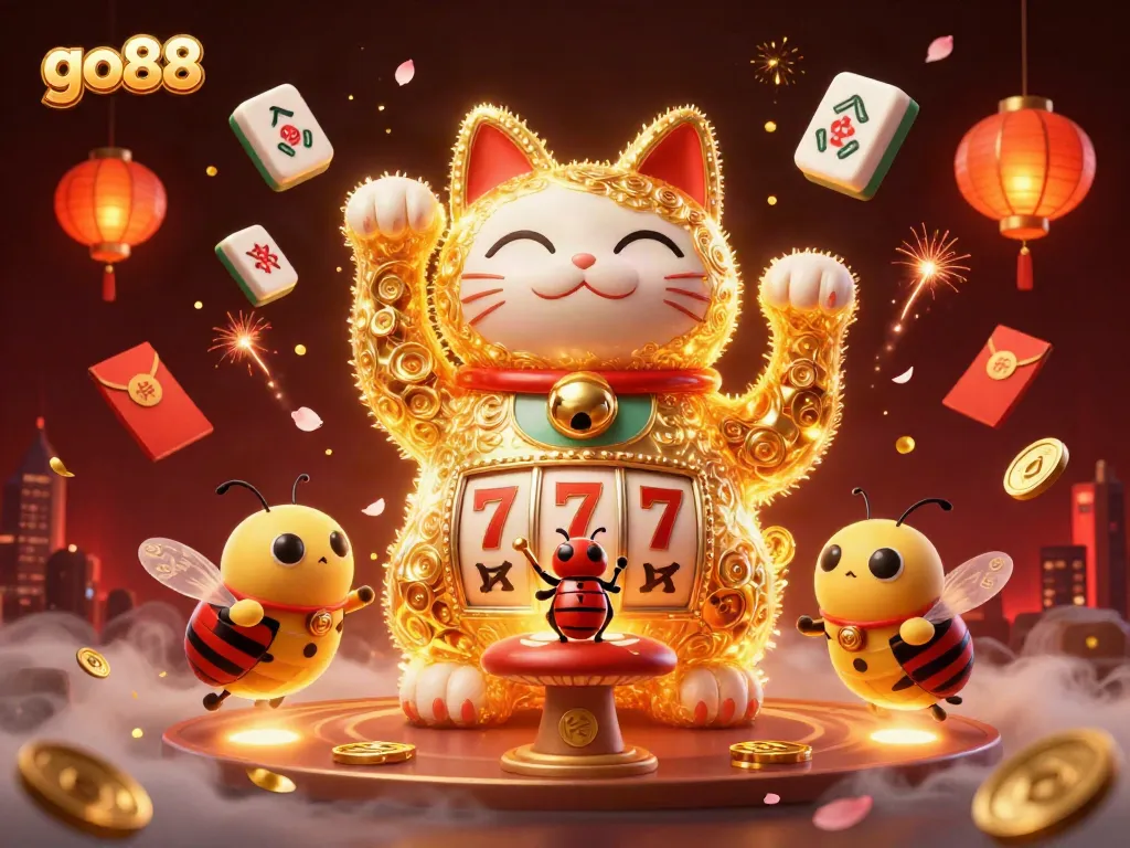 Engage with go88's exciting atmosphere featuring a golden cat amidst dynamic casino elements.