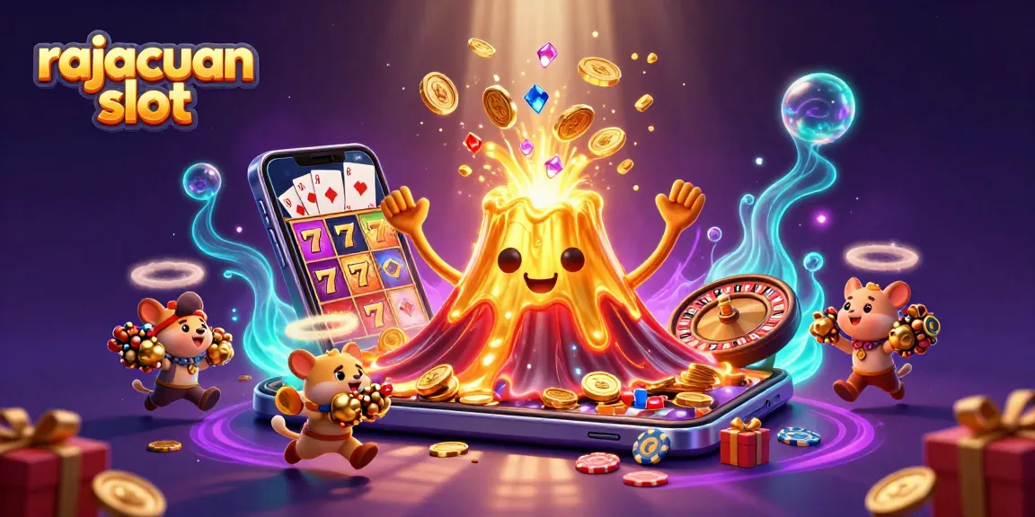 Engage with the rajacuan slot featuring rich 3D visuals showcasing a golden volcano, treasure, and dynamic game elements.