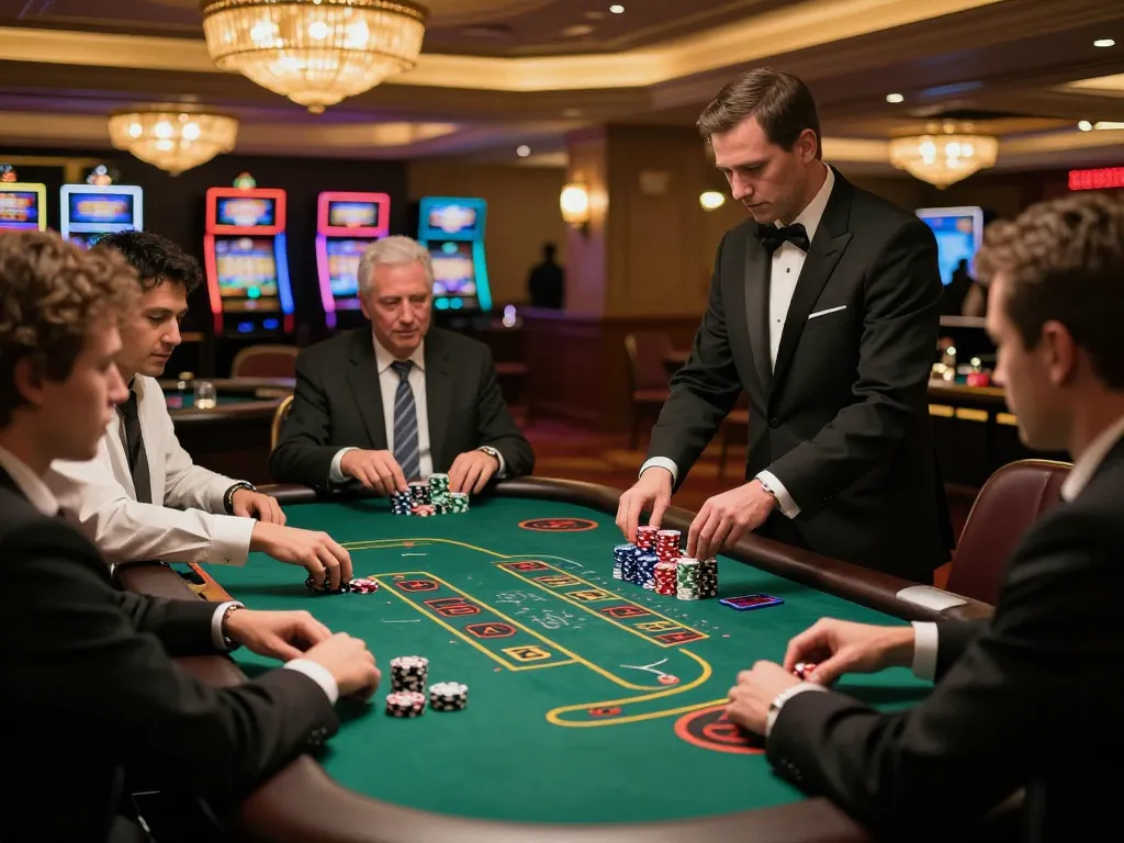 Engaged players strategizing at a blackjack table in the luxurious casino, showcasing 789betcom's rich gaming experience.