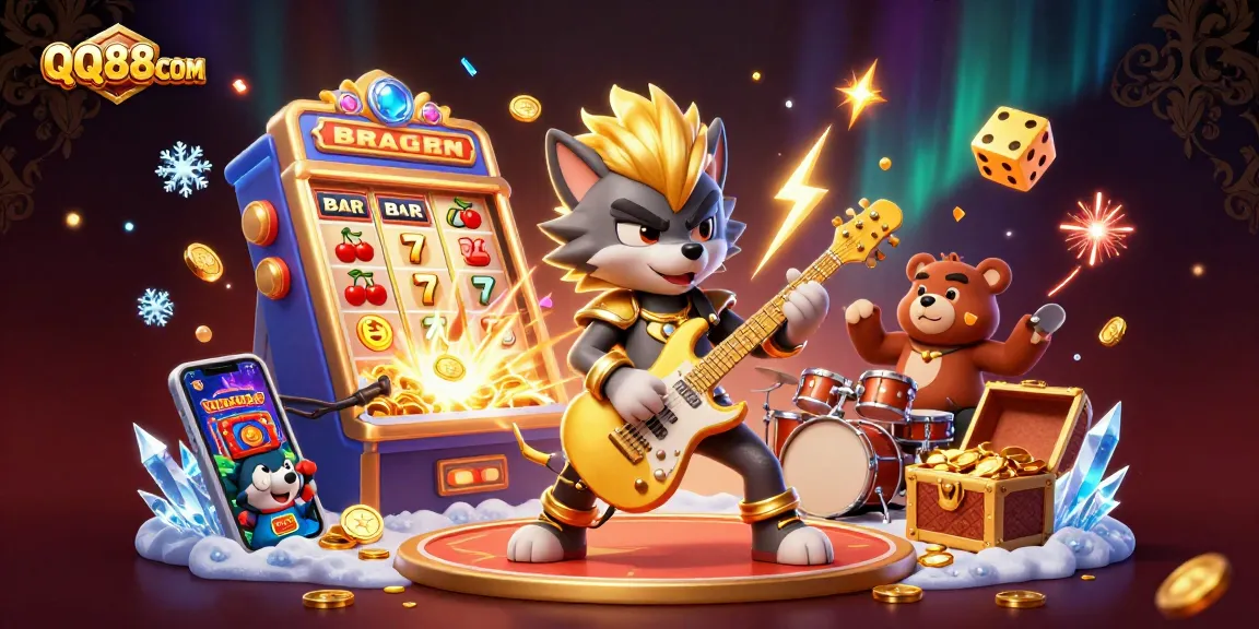 Action-packed casino scene showcasing QQ88COM with vibrant characters and gaming excitement.