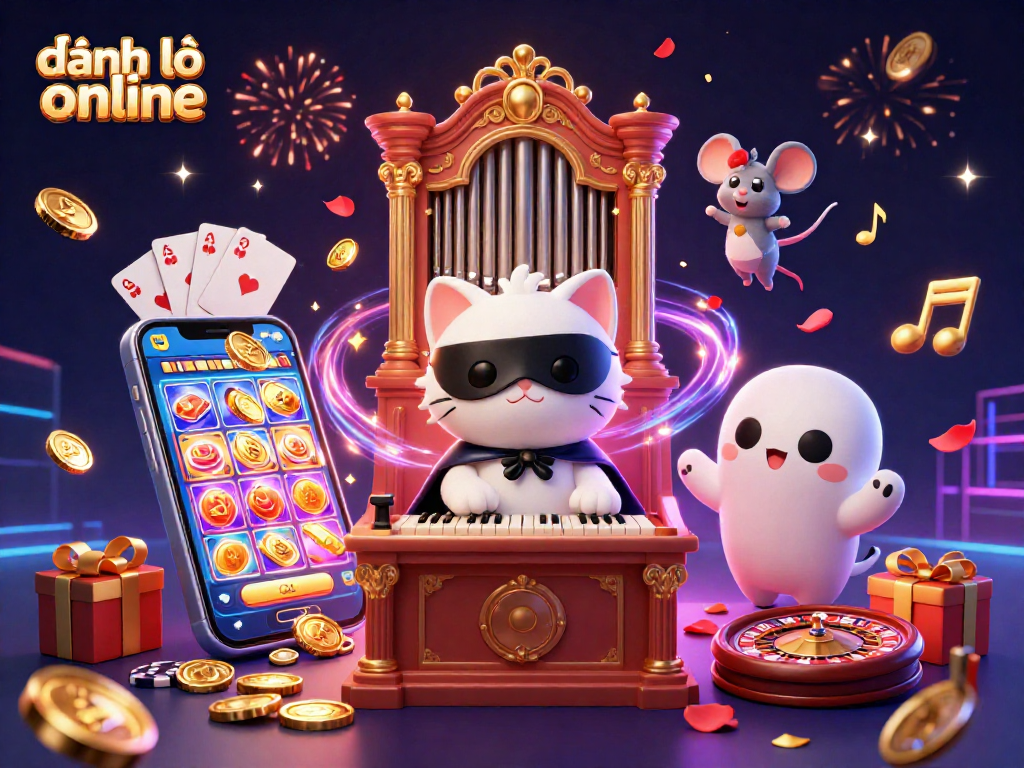 Engaging scene showcasing đánh lô đề online with a vibrant casino atmosphere including a phantom cat and mouse acrobat.