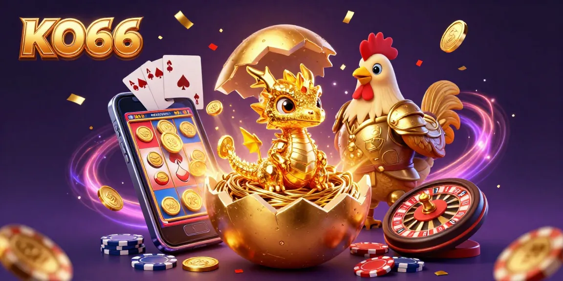 Engage with KO66's thrilling gaming experience featuring a golden dragon and poker elements.