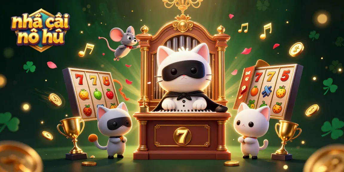 Engage with Nhà cái nổ hũ in this vibrant scene featuring classic slot elements and joyful characters.